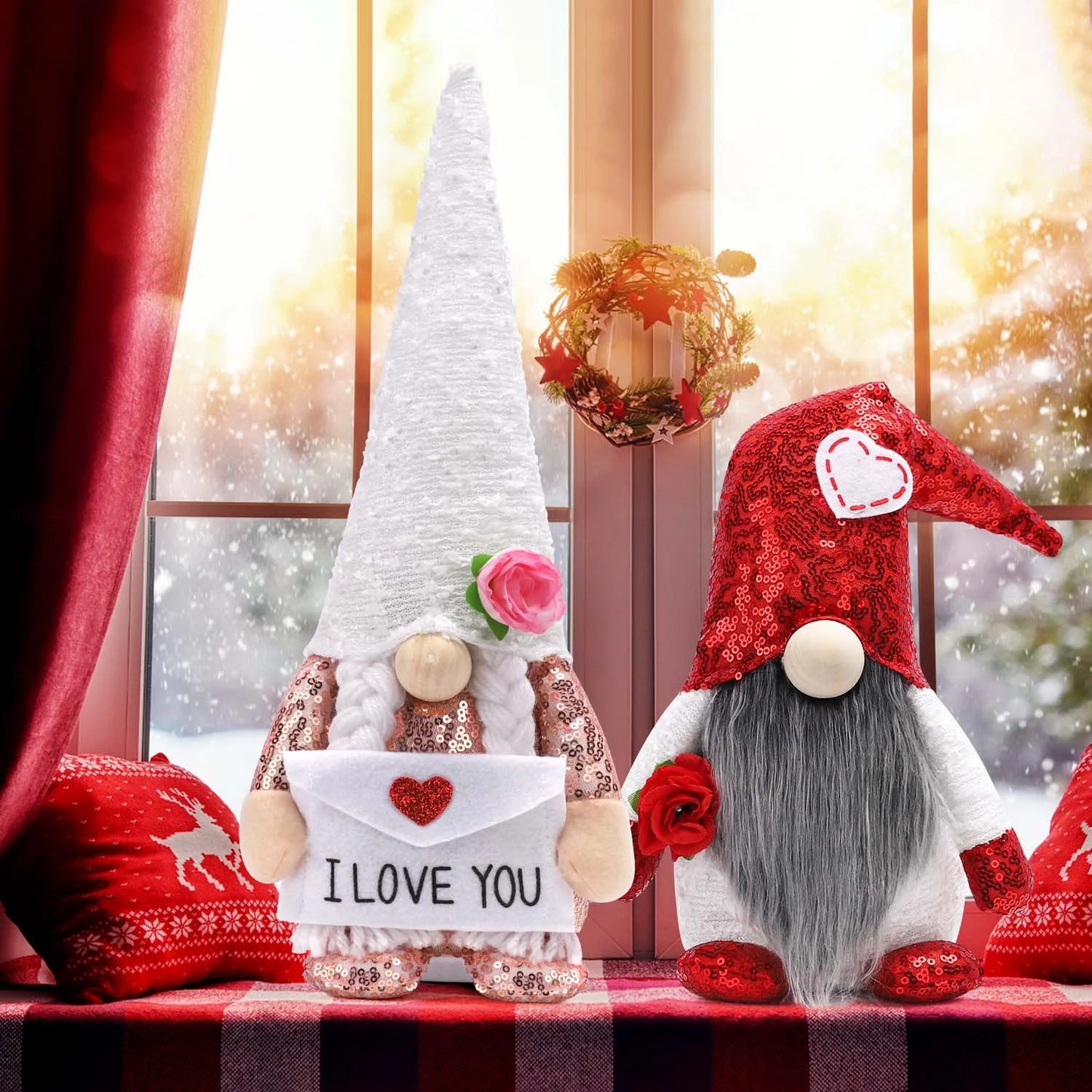 Valentines Day Gnomes Plush Decorations -  2PCS Handmade Scandinavian Tomte Doll Valentines Day Home Decor (Red)